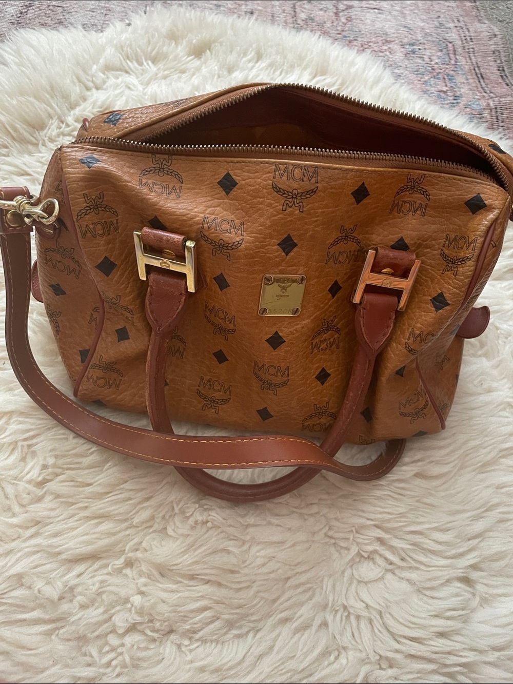 MCM Vintage Brown Visetos Logo Satchel with Gold Hardware